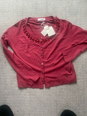 Beaded Scoop-Neck Cardigan Sweater - Women's Red Size L